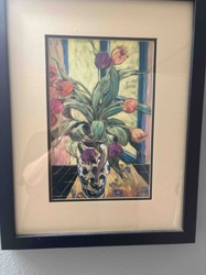 Framed Still Life Painting: Tulips in a Blue and White Vase