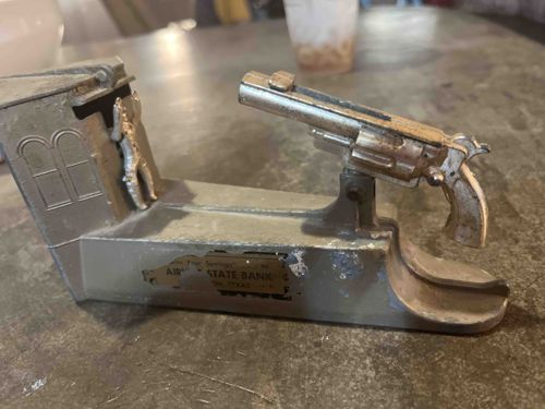 Vintage Mechanical Toy Bank with Gun and Bank Teller
