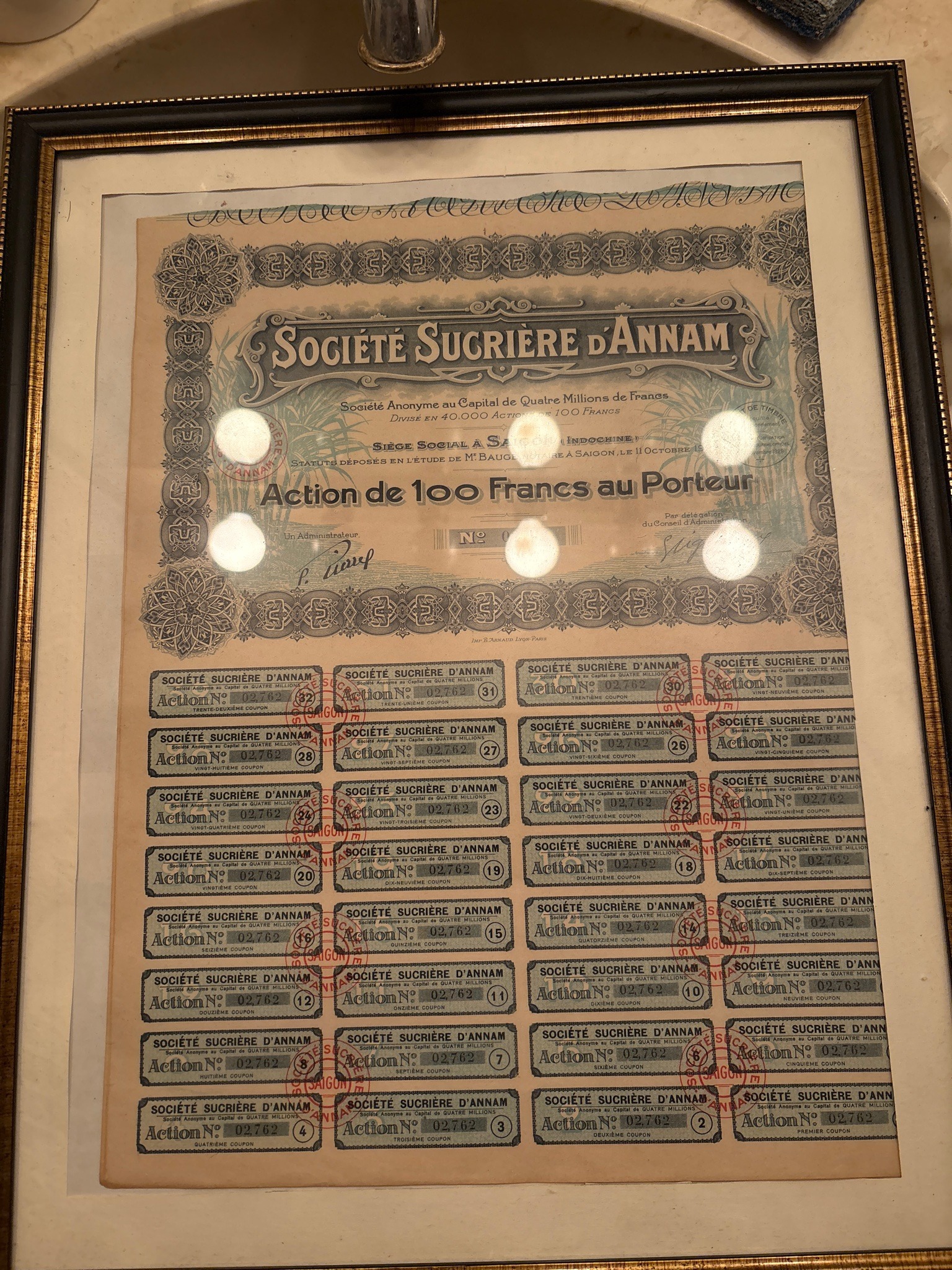 Submitted photo of Framed antique share certificate for Société Sucrière d'Annam