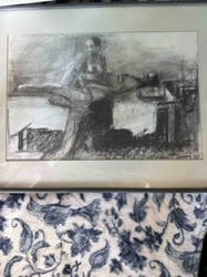 Framed Charcoal Drawing of Figures