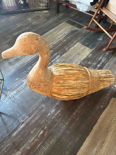 Vintage Carved Wood and Natural Fiber Duck Decoy