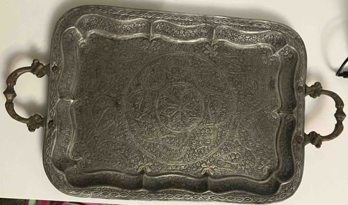 Ornate Engraved Metal Serving Tray with Handles