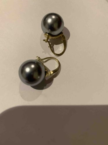 Pair of Dark Grey Pearl Dangle Earrings with Gold-Toned Lever-Back Findings