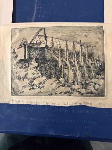 Original Architectural Etching of a Gothic Cathedral under Construction