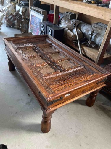 Carved Wooden Coffee Table with Metal Inlay
