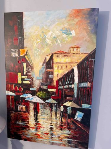 Contemporary Impressionist Cityscape Street Scene with Umbrellas