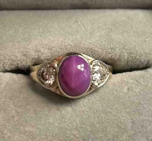 Vintage 14K Yellow Gold Ring with Imitation Purple Star Sapphire and Diamond Accents