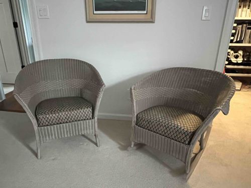 Pair of Wicker Barrel Chairs with Upholstered Cushions