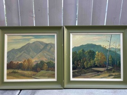 Pair of Mid-20th Century Landscape Oil Paintings in Olive Green Frames