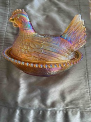 Iridescent Carnival Glass Hen-on-Nest Dish