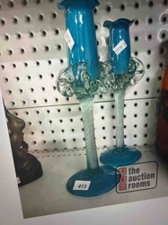 Pair of Teal and Clear Glass Candlesticks