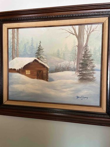 Winter Cabin Landscape Oil Painting by Gloria A. Lowery