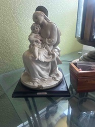 Madonna and Child Figurine on Wooden Base
