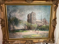 Notre Dame Cathedral Cityscape Oil Painting in Ornate Gilt Frame