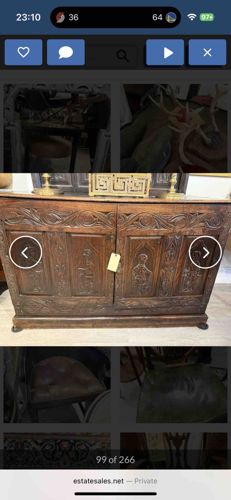 Heavily Carved Oak Tudor-Revival Credenza