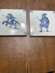 Pair of Blue and White Glazed Ceramic Tiles with Historical Figures