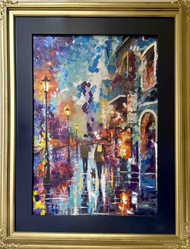 Rainy Cityscape Painting by Leonid Afremov (Attributed)