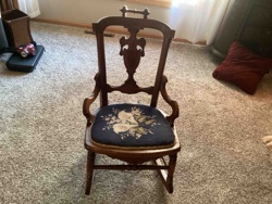 Vintage Carved Wood Rocking Chair with Needlepoint Cushion