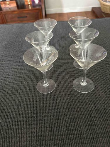 Set of Six Etched Glass Martini Glasses