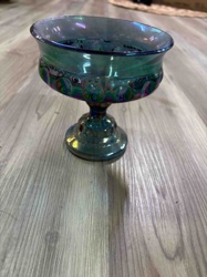 Iridescent Teal Carnival Glass Compote Dish