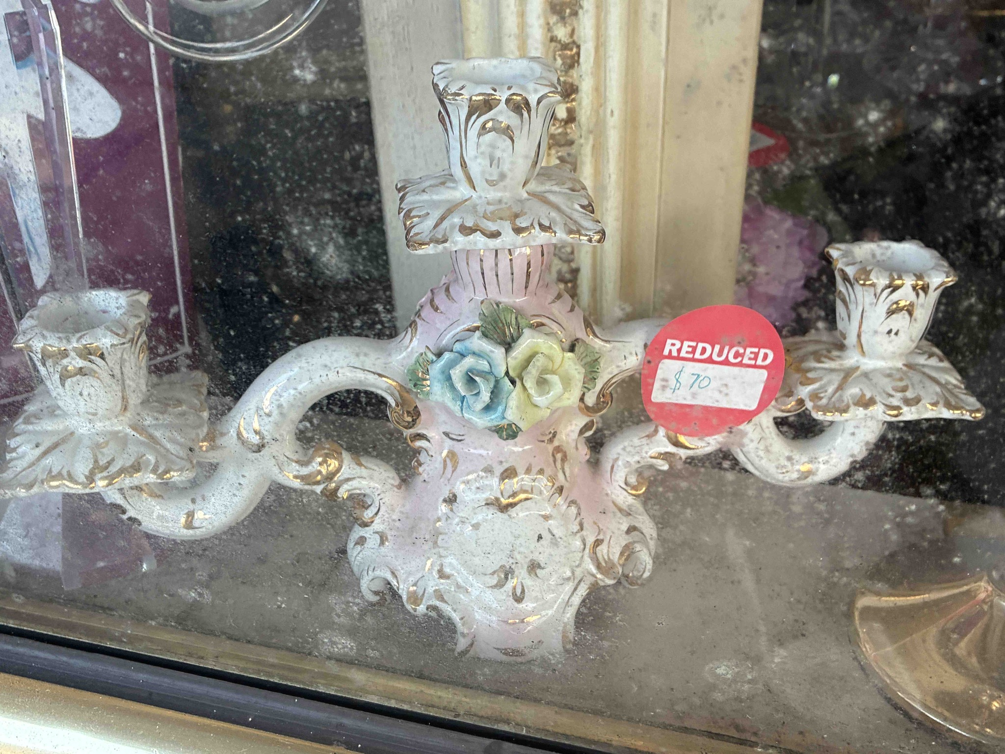 Rococo-Style Three-Arm Porcelain Candelabrum with Applied Floral Motifs