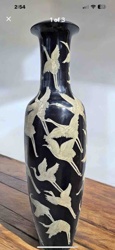 Asian-Style Black Lacquered Vase with Crane Motif