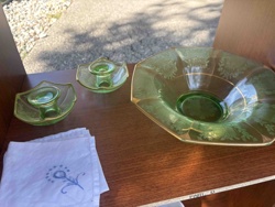 Depression Green Glass Bowl and Candle Holder Set with Gold Trim