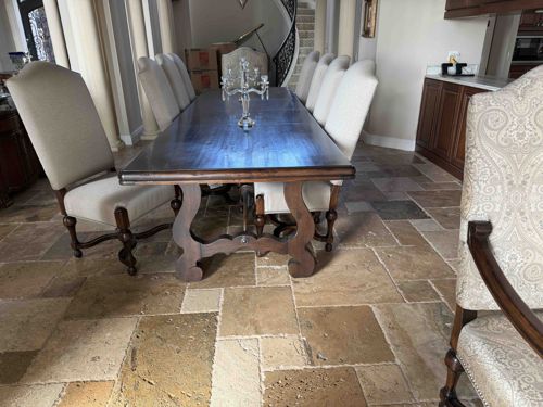 Trestle-Base Dining Table with Upholstered Parson-Style Chairs