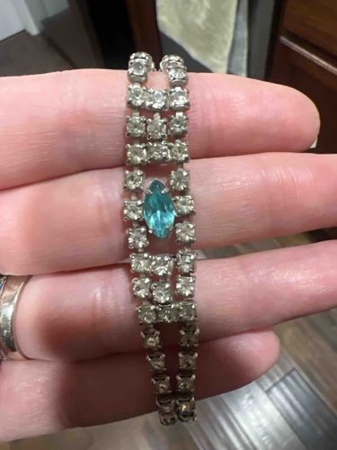 Mid-Century Vintage Rhinestone Bracelet with Marquise Aquamarine Glass Focal