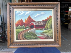Autumn Landscape Oil Painting with Covered Bridge