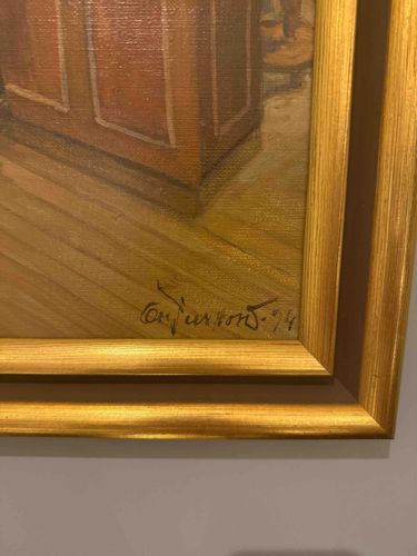 Signed Interior Scene Oil Painting on Canvas