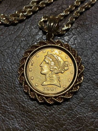 1901 Five Dollar Gold Liberty Head Half Eagle Coin Pendant with 14K Gold Rope Chain