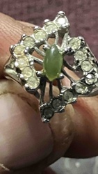 Vintage Green Marquise Cabochon and Rhinestone Cocktail Ring