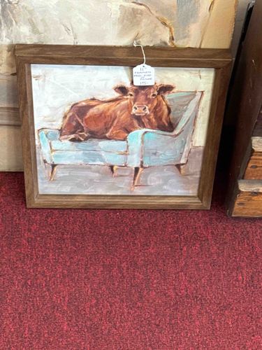 Framed Whimsical Cow Print in Teal Armchair