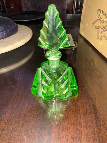 Art Deco Uranium Glass Perfume Bottle with Leaf Stopper