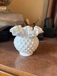 White Milk Glass Hobnail Bell-Shaped Ruffled Vase / Candy Dish