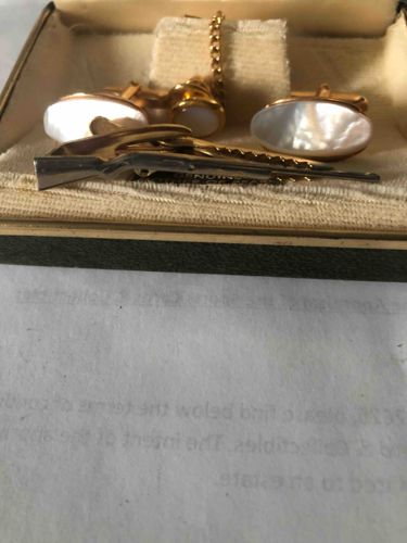 Men's Cufflink, Tie Tack, and Rifle Tie Clip Set with Mother-of-Pearl