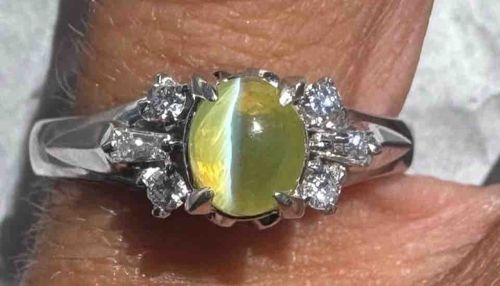 Platinum Chrysoberyl Cat's Eye and Diamond Ring