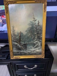 Framed Winter Forest Landscape Oil Painting