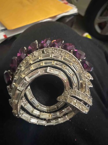 Signed 'Nataly' Sterling Silver and Amethyst Rhinestone Brooch