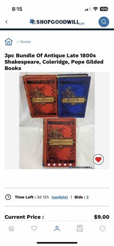 3pc Bundle Of Antique Late 1800s Shakespeare, Coleridge, Pope Gilded Books