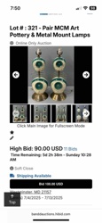 Pair of Mid-Century Modern Art Pottery & Metal Mount Table Lamps