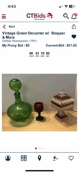 Vintage Green Decanter w/ Stopper, Red Goblet, and Lidded Glass Dish