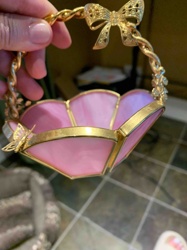 Pink Stained Glass and Gold-Toned Filigree Decorative Basket/Dish