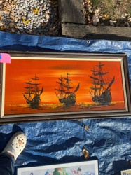 Seascape Painting with Three Sailboats at Sunset