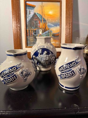 Vintage German Salt-Glazed Stoneware Wine Pitchers (Baden Region)