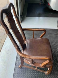 Carved Wooden Armchair with Leather Seat