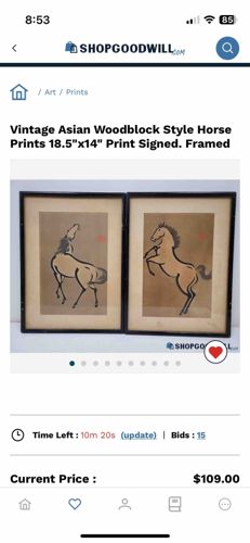 Vintage Asian Woodblock Style Horse Prints (Framed, Signed)