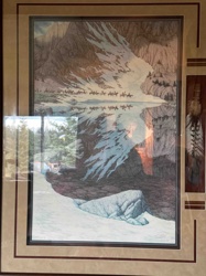 Framed Mountain Landscape Print with Horseback Riders and Native American Motif