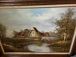 L. Waligora Landscape Painting with Timber-Framed Houses and Bridge